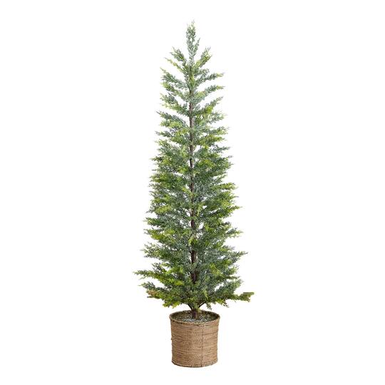 Nearly Natural 5ft. Pre-Lit Snowed Cypress Artificial Christmas Tree in Hyacinth Basket, Clear LED Lights